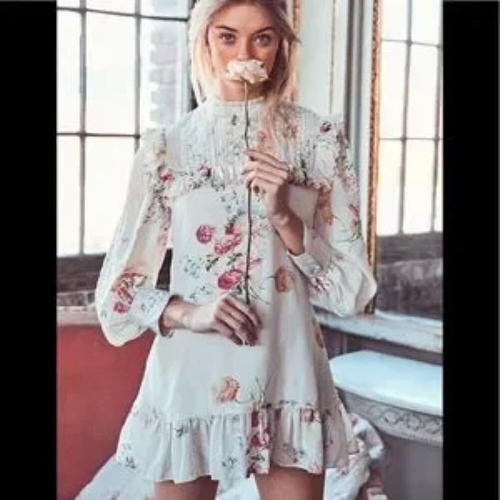 LoveShackFancy Floral Mini Dress in Ivory with Pink Roses